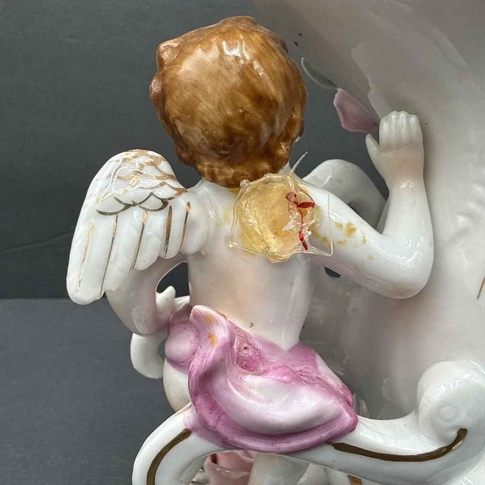 Vintage UCAGCO Ceramics Japan Winged Cherubs Roses‎ Vase Damaged